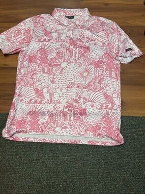 Yatta Golf Shirt Mens Pink Geometric Hawaiian Performance Polo
